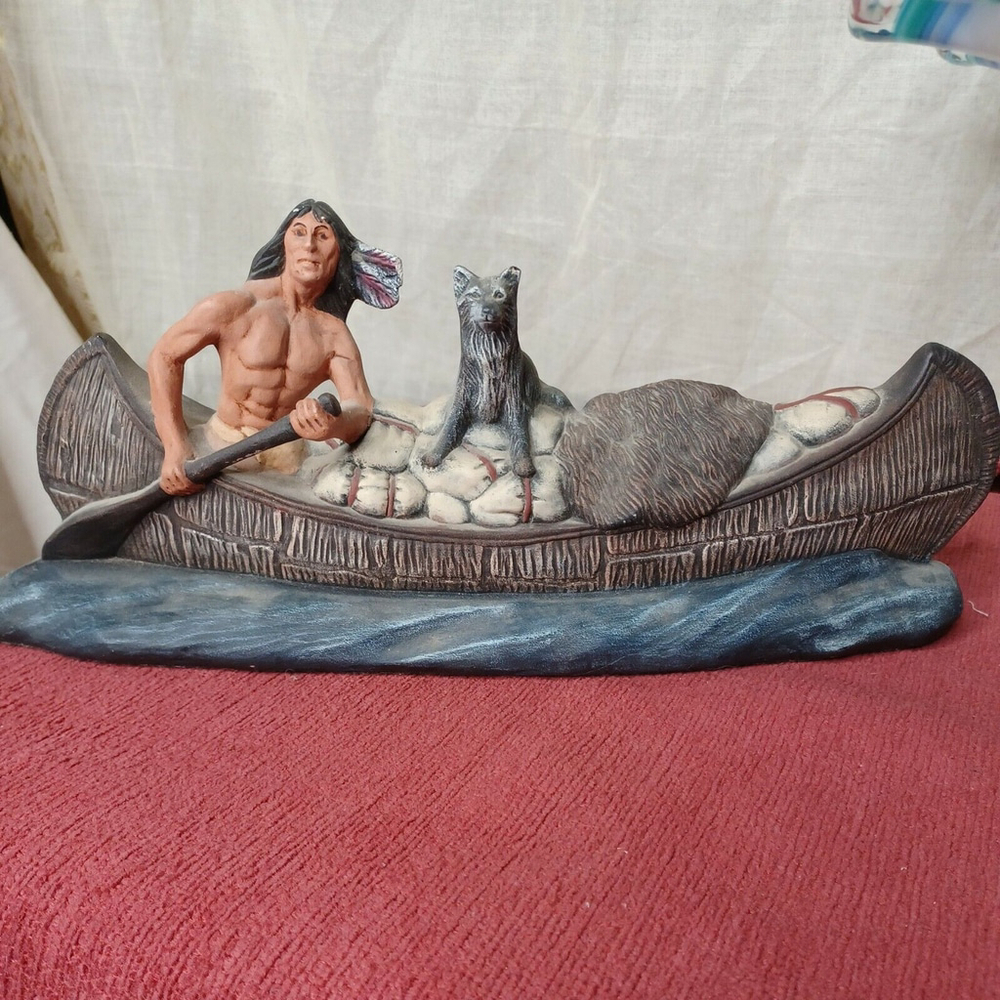 Vintage Ceramic Native Paddling In Canoe W. Dog signed w. Lam 1996